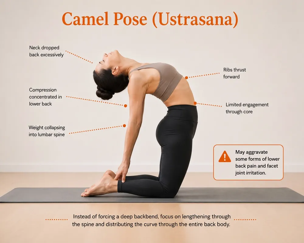 Camel Pose (Ustrasana) is a powerful heart-opening backbend, but it is not suitable for every back condition. When the movement is concentrated in the lumbar spine rather than distributed evenly through the entire spine, it may increase stress on the facet joints and surrounding structures. This illustration highlights common alignment mistakes that can aggravate lower back pain in individuals with spinal stenosis, spondylolisthesis, or facet joint arthritis.