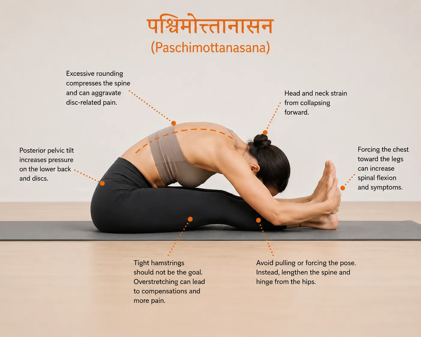 While seated forward folds are often recommended for flexibility, they are not appropriate for everyone experiencing lower back pain. Poses such as Paschimottanasana can encourage excessive rounding through the lumbar spine, increasing stress on sensitive discs and irritated nerves. This illustration highlights common alignment concerns and explains why maintaining spinal length and hinging from the hips may be a safer approach for people with disc-related back pain.