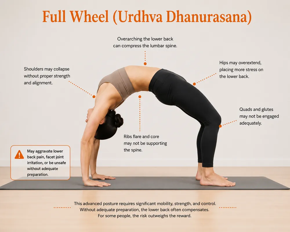 Full Wheel Pose (Urdhva Dhanurasana) is one of yoga’s most demanding backbends. While it can improve strength, flexibility, and spinal mobility, it also places significant demands on the shoulders, hips, and spine. When mobility is limited or core support is lacking, the lower back often compensates by absorbing excessive force. This illustration highlights common alignment issues that may increase discomfort for people dealing with lower back pain, facet joint irritation, or spinal instability.