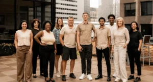 The OfferingTree team, including co-founders Chris Appiah, Alex Haley, and Tom McCook, standing together at the company's headquarters.