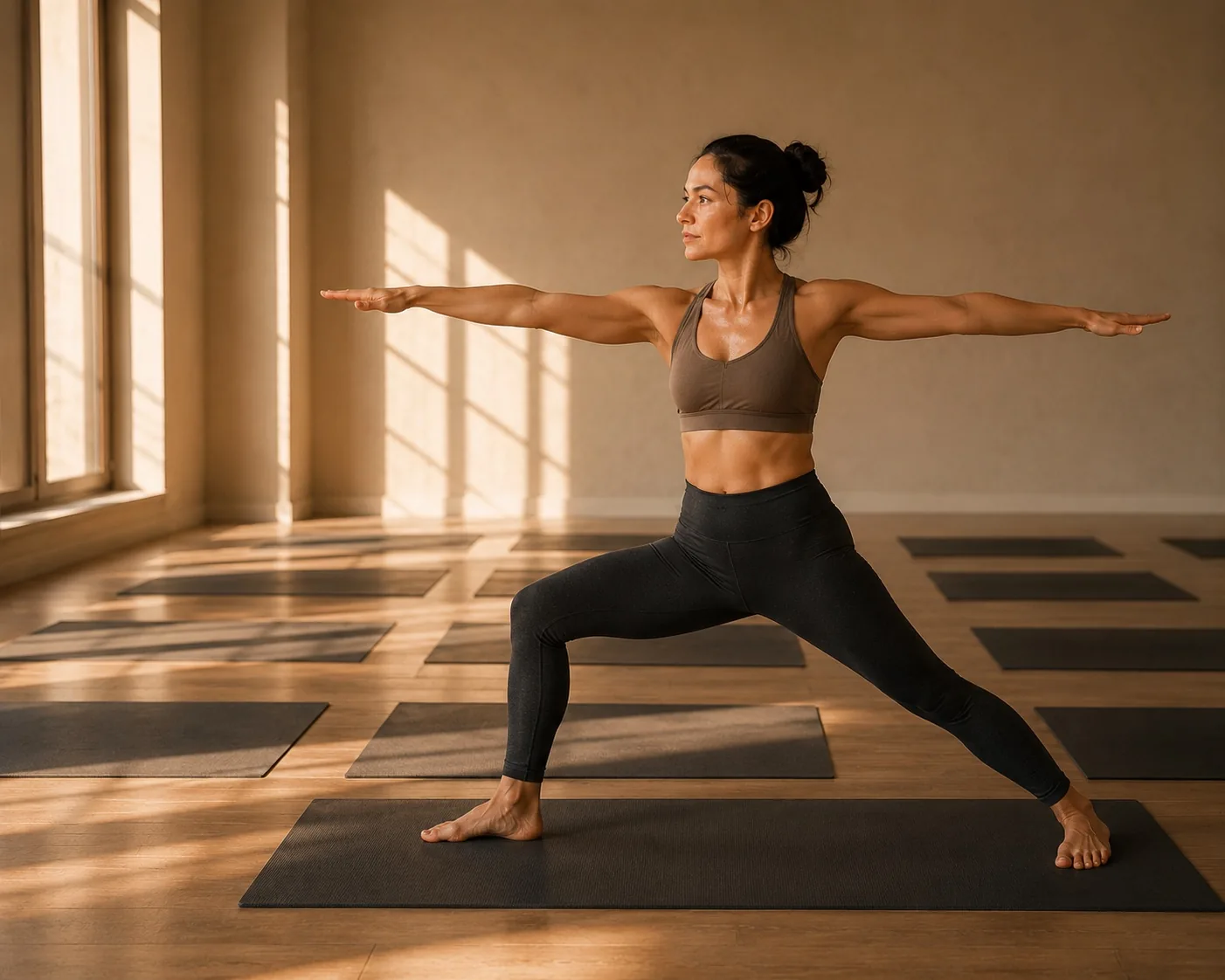 Editorial image for the YOGI TIMES article How Bikram Yoga Nearly Broke Us Up (and What It Taught Us About Balance). The image shows a practitioner in Warrior II pose in a warm, minimalist yoga studio, illustrating the discipline, intensity and commitment that made Bikram yoga such a powerful part of the story.