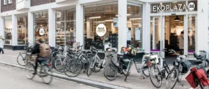 Entrance to Ekoplaza Foodmarqt organic supermarket in Amsterdam, known for its fresh local and organic food.