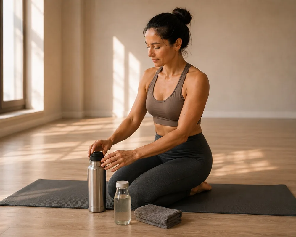 Woman preparing for a hot yoga class with a water bottle and towel in a minimalist yoga studio.