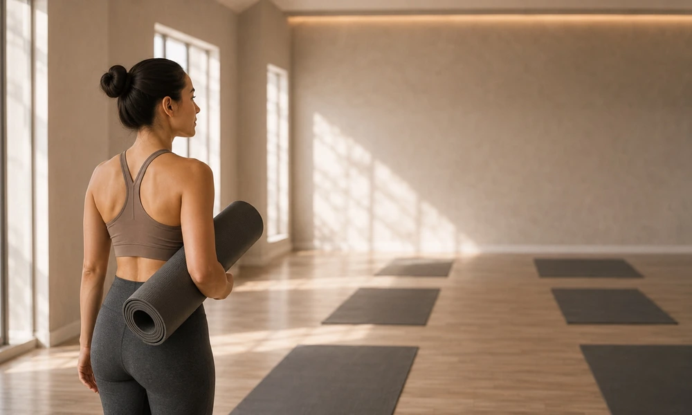 Woman arriving for her first hot yoga class carrying a yoga mat in a bright minimalist yoga studio.