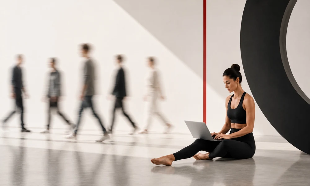 Yoga teacher creating evergreen educational content on a laptop while people move around her in the background.