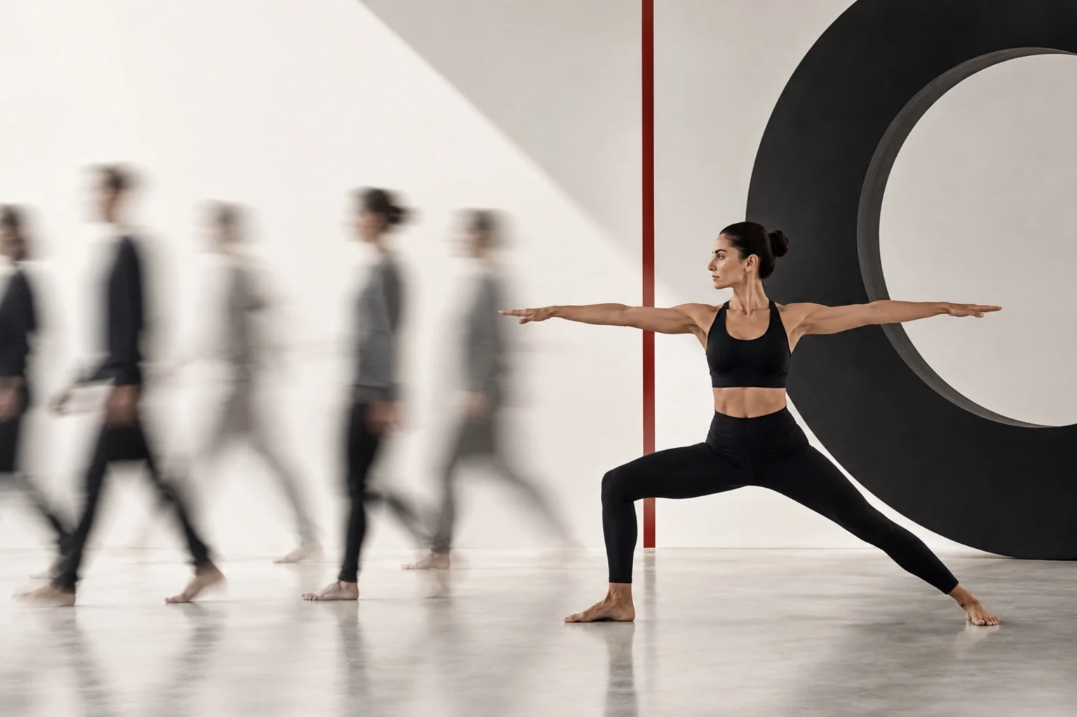 A yoga teacher practices Warrior II with calm focus while blurred figures move around her, illustrating the difference between temporary online attention and lasting editorial authority. Created for the YOGI TIMES Pose for a Cause initiative, this image represents how one signature pose can become an enduring educational resource that builds credibility, visibility, and trust.