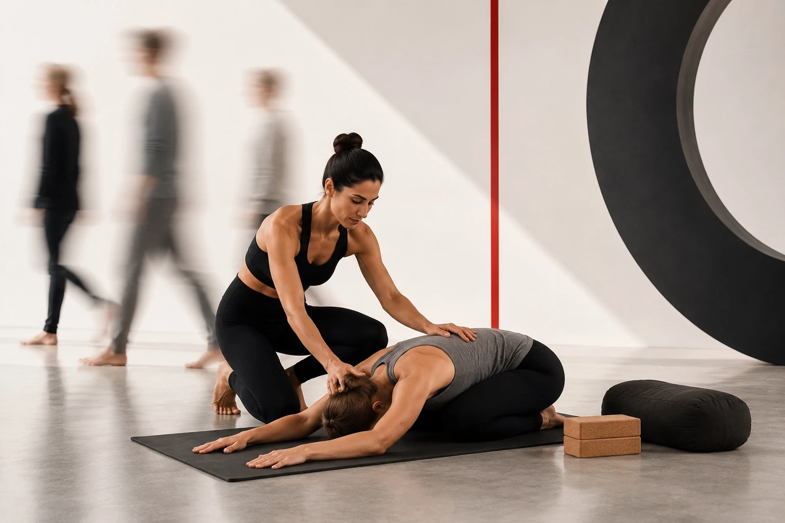 A yoga teacher provides gentle hands-on guidance as a student rests in Child's Pose. The image represents the practical experience, personal attention, and teaching expertise that become part of a Pose for a Cause editorial feature, helping readers understand that great yoga instruction is built through years of observation, refinement, and human connection.