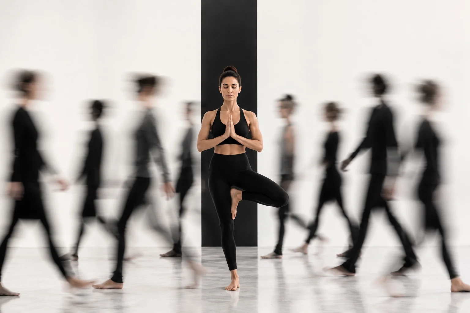 A minimalist editorial illustration for the YOGI TIMES Pose for a Cause article. A yoga teacher remains grounded in Tree Pose while people rush past, symbolizing how true recognition comes from clarity, expertise, and trust rather than constant online attention.