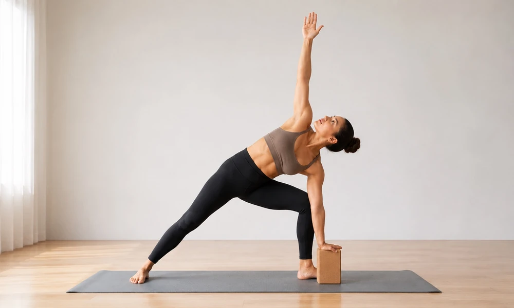 Extended Side Angle Pose (Utthita Parsvakonasana) modification using a yoga block beneath the lower hand to support torso length while keeping the front knee bent and back leg active.