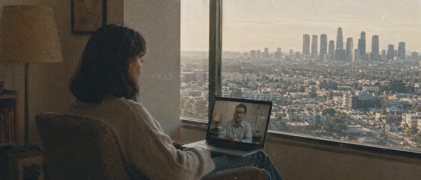 Woman having an online psychiatry appointment from home in Los Angeles